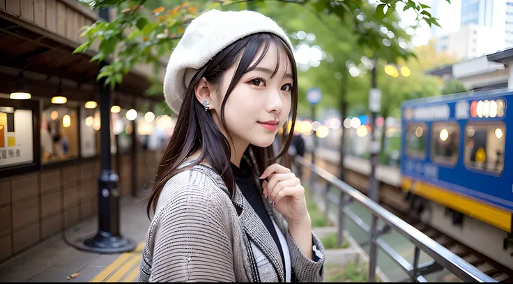 女の子1人、Women around 20 years old、Fashionable clothes（Autumn clothes）、a picture、realisticlying、top-quality、adopt、A detailed face、细致背景（Station platform）、diffuse sunlight、depth of fields、angle of view（The upper part of the body）、独奏