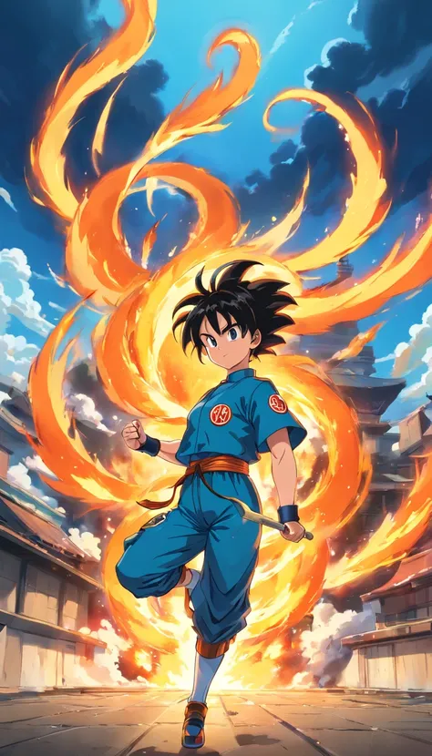 Gojo Gojo、Dragon Ball painting style、fire force+steams+myst、Saiyan、actionpose