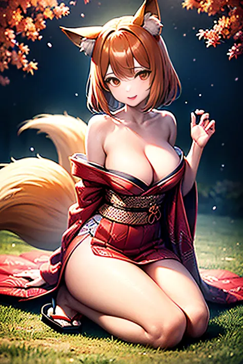 Two-shot photo of a girl and a fox,(Fantasia,Kitsune Yokai Four-Tailed Heavenly Fox,),(Girl and Fox Yokai: The Tale of the Four-Tailed Heavenly Fox),
(With a girl bent down deep in the forest and looking up,Fox Yokai Two-shot movie of a fox protecting a gi...