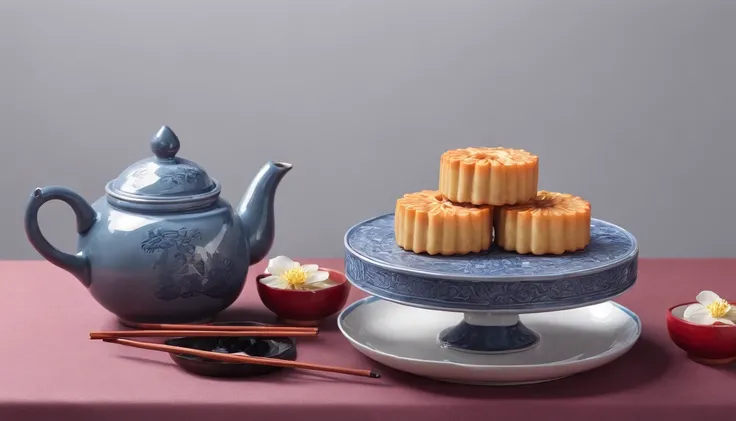 Mid-Autumn Festival，delicacies，{A piece of mooncake}，A cup of tea，A teapot，sweet osmanthus，red gradient background，Anatomically correct，High quality, Best quality, A high resolution