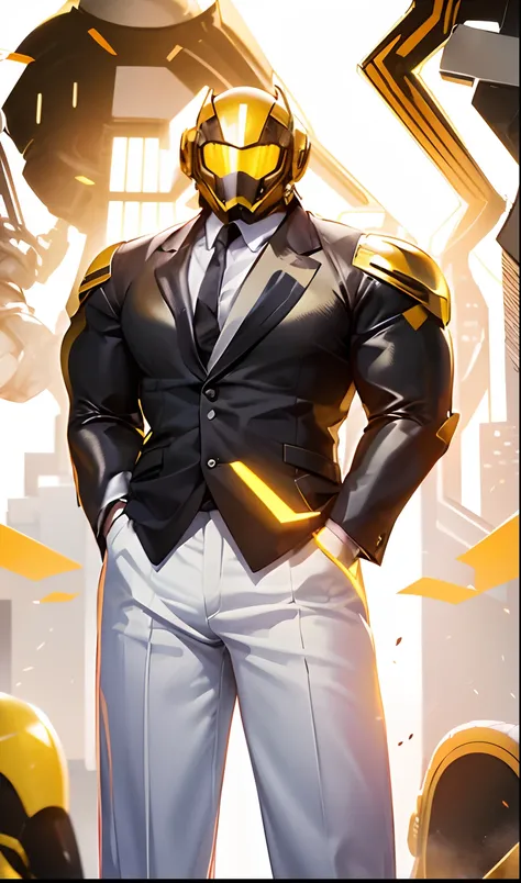 cyborg, robot, male cyborg, muscular male, huge muscle, faceless, yellow helmet covering all of face, cyberpunk style helmet, white tuxedo outfit, formal, cyborg hands, white background