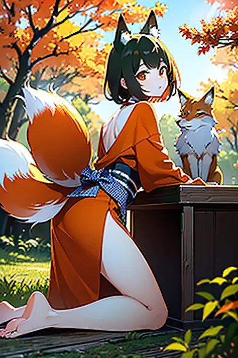 Two-shot photo of a girl and a fox,(Fantasia,Kitsune Yokai Four-Tailed Heavenly Fox,),(Girl and Fox Yokai: The Tale of the Four-Tailed Heavenly Fox),
(With a girl bent down deep in the forest and looking up,Fox Yokai Two-shot movie of a fox protecting a gi...