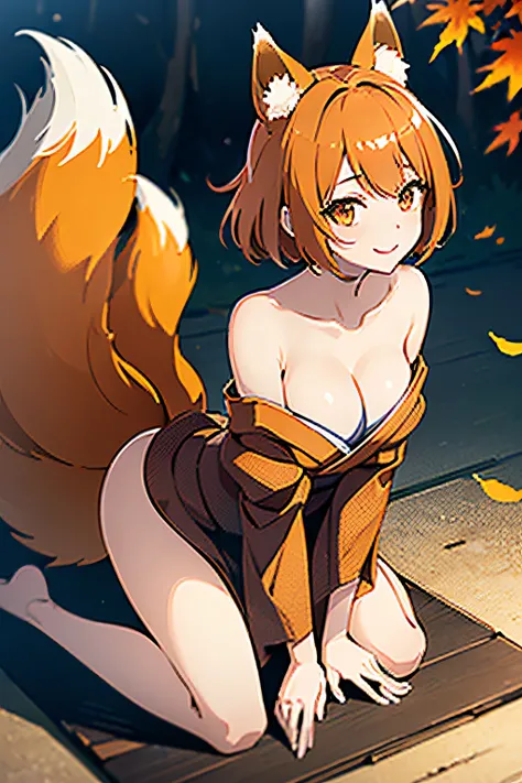 Two-shot photo of a girl and a fox,(Fantasia,Kitsune Yokai Four-Tailed Heavenly Fox,),(Girl and Fox Yokai: The Tale of the Four-Tailed Heavenly Fox),
(With a girl bent down deep in the forest and looking up,Fox Yokai Two-shot movie of a fox protecting a gi...