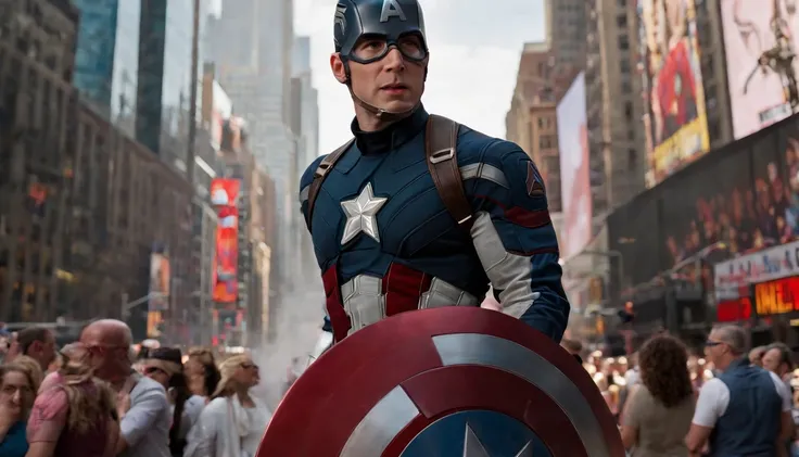 Captain America Steve Rogers stands tall and proud, his iconic shield gleaming in the bright sunlight as he walks through the bustling streets of Times Square, New York City. The towering skyscrapers and neon billboards seem to fade into the background as ...