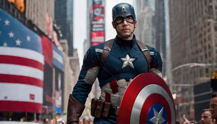 Captain America Steve Rogers stands tall and proud, his iconic shield gleaming in the bright sunlight as he walks through the bustling streets of Times Square, New York City. The towering skyscrapers and neon billboards seem to fade into the background as ...