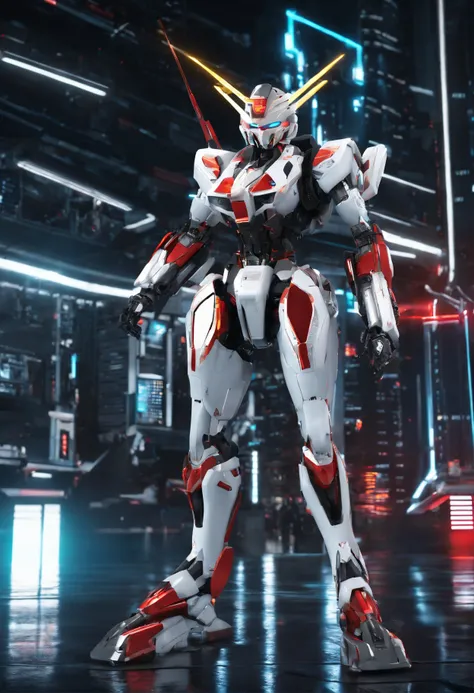 Gundam Mech , Feminine body line，Light equipment，Delicate structure，Science fiction, frontage,Coming to the viewer，Fighting figure， Sense of technology, C4D, OC Renderer, Unreal Engine, high detailing, industrial design, 8K HD, studio lights,Futuristic cit...