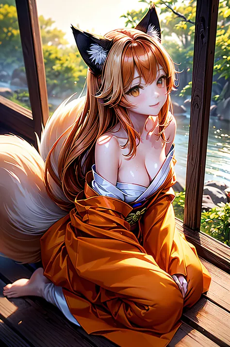 Two-shot photo of a girl and a fox,(Fantasia,Kitsune Yokai Four-Tailed Heavenly Fox,),(Girl and Fox Yokai: The Tale of the Four-Tailed Heavenly Fox),
(With a girl bent down deep in the forest and looking up,Fox Yokai Two-shot movie of a fox protecting a gi...