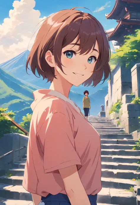 ganyudef, upper body, smile, blush, outdoors, day, simple background, blue sky, short hair, sky, temple, looking at viewer, stairs, mountain, moody lighting,