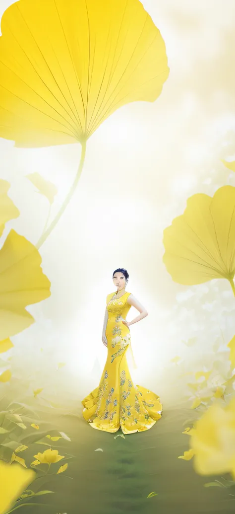 Araved woman in a yellow dress standing in a yellow flower field, inspired by Xie Sun, on cheongsam, Inspired by Dai Xi, Inspired by Huang Ji, Zhang Jingna, inspired by Chang Dai-chien, inspired by Xu Xi, Inspired by Gao Qipei, Inspired by Tang Yifen, insp...