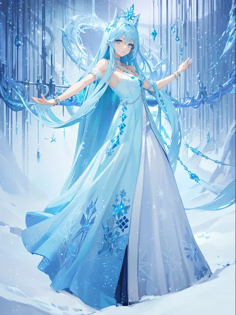 tmasterpiece，high qulity，High detail 1girl, blue eyes, blue hair, dress, ice, jewelry, long hair, necklace, outstretched arm, outstretched arms, outstretched hand, snow, snowflakes, solo, spread arms, standing