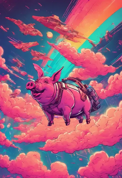 A pig flies in the sky,pigs ,​​clouds,Brilliant colors,Colorful,Wings,Young and energetic,Flying ham,Flying pigs ,Master composition, Masterpiece, Super, High quality, Award-Awarded, Best quality, A high resolution, 8K