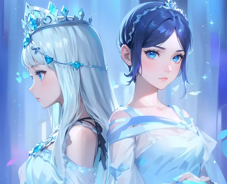 2girls,blue eyes,blue theme,dress,long hair,multiple girls,short hair,tiara,upper body,illustration,vivid colors,lively,soft lighting,beautiful detailed eyes,luxurious dress,lovely long hair,cute short hair,sparkling tiara,masterpiece:1.2