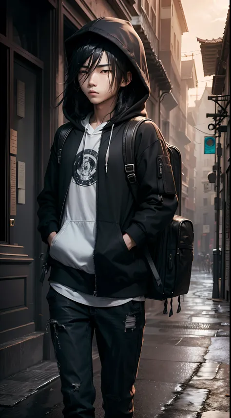 18 year old Chinese boy, hoodie, backpack, long hairs, 4k, extremely detailed, hd wallpaper, surrealism, black hairs