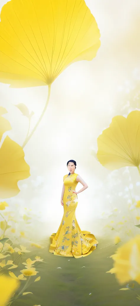 Araved woman in a yellow dress standing in a yellow flower field, inspired by Xie Sun, on cheongsam, Inspired by Dai Xi, Inspired by Huang Ji, Zhang Jingna, inspired by Chang Dai-chien, inspired by Xu Xi, Inspired by Gao Qipei, Inspired by Tang Yifen, insp...