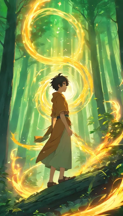 In the middle of an ancient forest and covered with vegetation, The essence of magic takes shape through a young man, his hair so golden made gold and his eyes a radiant golden flame. A mystical mark adorns his neck, cintilante com poder latente. Dentro de...