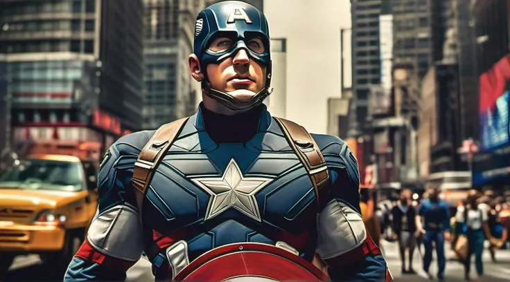 Captain America Steve Rogers stands tall and proud, his iconic shield gleaming in the bright sunlight as he walks through the bustling streets of Times Square, New York City. The towering skyscrapers and neon billboards seem to fade into the background as ...