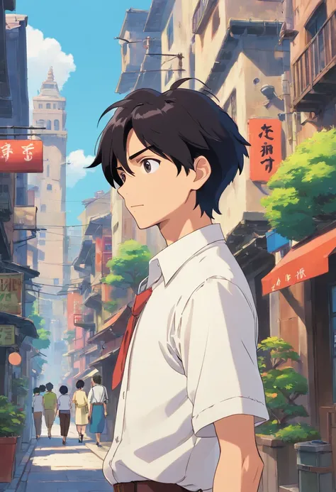 Handsome young man、white  shirt、Elite Trading Company Man、 Quiet and simple New York cityscape、 colorful animation stills, Black hair、 paul gauguin,Embry style, Honest portrayal