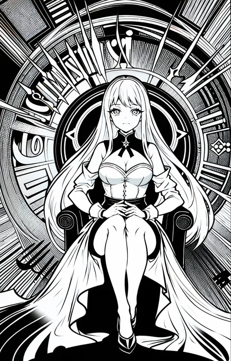 Cartoon picture of a woman sitting in a chair，The background is the clock, black and white manga page, isekai manga panel, black and white manga style, black and white manga panel, Comic cover style, the anime girl is crouching, shalltear from overlord, An...