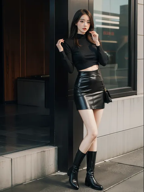 one-girl,full bodyesbian,Stand in a casual position,High-waisted casual suit slip skirt，Wear boots，Leather boots,手拿手提包,Delicate woman,Fashionab,full bodyesbian,Casual pose，Playful and cute