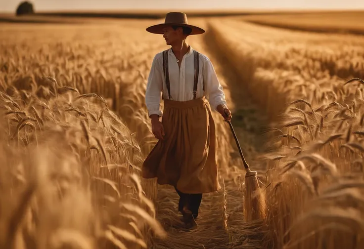 ((masterpiece)), ((best quality)), 8k, high detailed, ultra-detailed,
On a golden autumn day，A vast wheat field stretches into the distance。The scarecrow stands tall in the middle of a wheat field，Like a guardian。It wears colorful clothing，A straw hat is w...