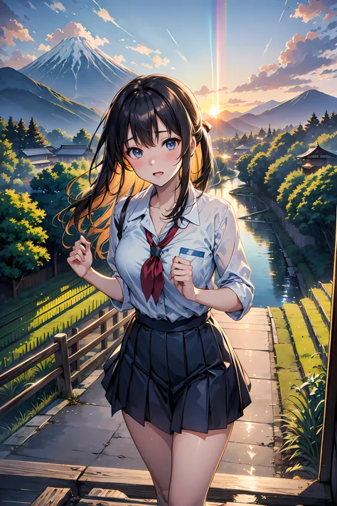 High school girl running towards rainbow hanging towards the mountain、A big, beautiful rainbow on the mountains、Japanese high school  girl、wearing  a school uniform、Road after rain、rice fields、mont、rainbows、countryside view、Countryside landscape in Japan、S...