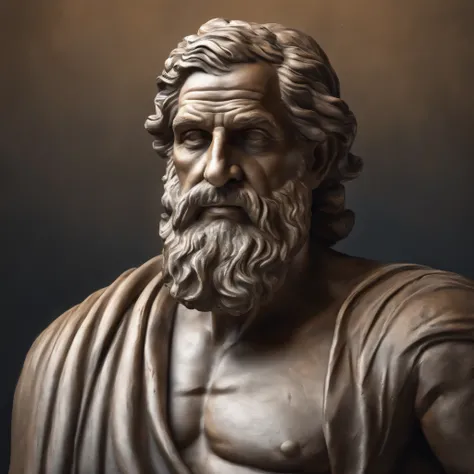 greek statue of philosophy with beard and muscles, cinematic, 8k, dark background, detailed symmetrical realistic face, extremely detailed natural texture, peach fuzz, short hair, masterpiece, absurdities, award-winning photo by lee jeffries, nikon film st...