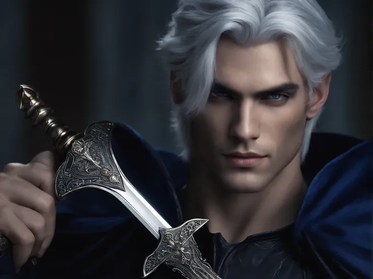 Create a male character with platinum hair, wearing a dark blue costume, holding a sword, and a scar on his face