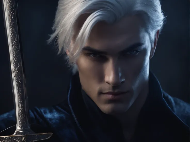 Create a male character with platinum hair, wearing a dark blue costume, holding a sword, and a scar on his face