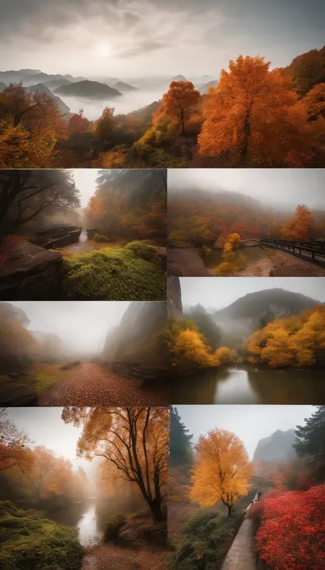 China-style，Ultra-wide angle of view，Beautiful view of autumn，mont，Eau，Cloud fog，fall foliage，oc rendered，high qulity，8K，super-fine，Hyper-realistic，Ultra photo realsisim，35mm camera lens，ultra - detailed