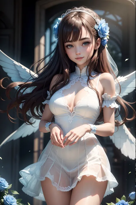 8K ultra-high resolution,8k wallpaper，photorealestic，Beautuful Women，lacy white dress，teens girl，middle School girls，Transparent wings，long whitr hair，Detailed facial details，Detailed body details，Very meticulous clothes，Very detailed hand movements，Brown ...