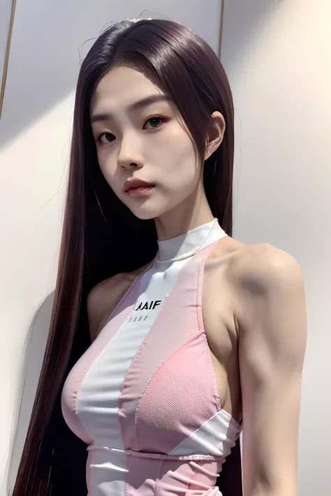 A 24-year-old female，（high-top fade：1.3），Flax-pink blonde long straight hair，dark themes，soothing tones，pastel colour，hight contrast，（Natural skin texture，ultra-realistic realism，the soft light，Sharp），Hands behind your back，shift dresses