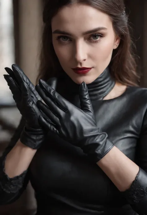 Black leather gloves with five fingers in both hands, a mysterious queen whose face and whole body are veiled