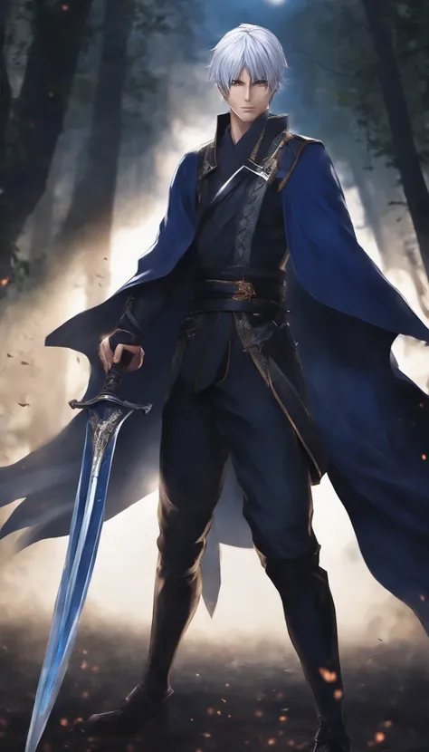 Create a Japanese anime style character, male with short platinum hair, wearing a dark blue costume, holding a sword, with 4 long scars on his face, about 20 years old