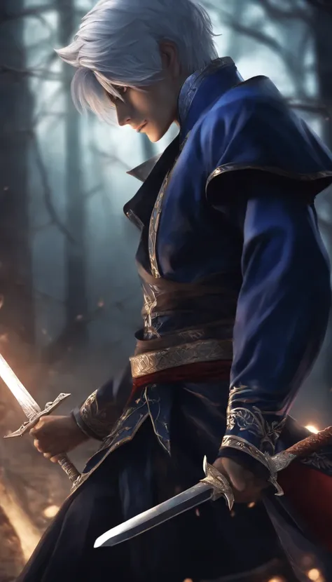 Create a Japanese anime style character, male with short platinum hair, wearing a dark blue costume, holding a sword, with 4 long scars on his face, about 20 years old