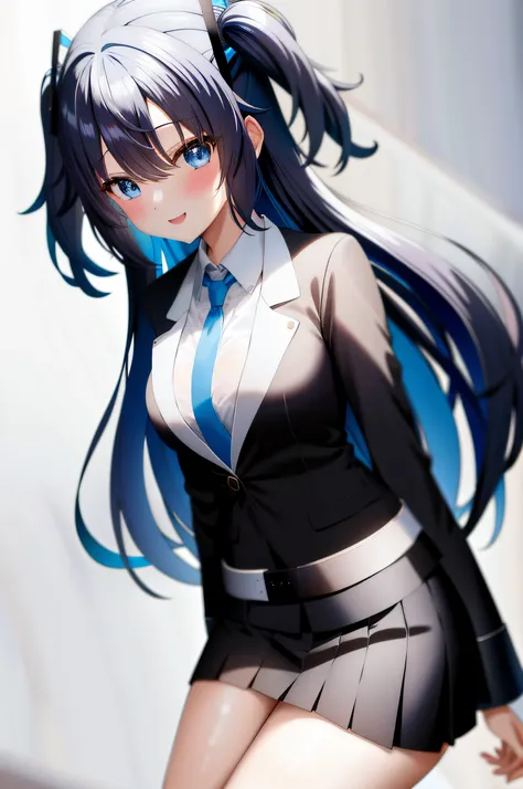 1girl, bangs, belt, black jacket, black skirt, blue tie, blushing, chest, collared shirt, formal, hello, hands at waist, id card...