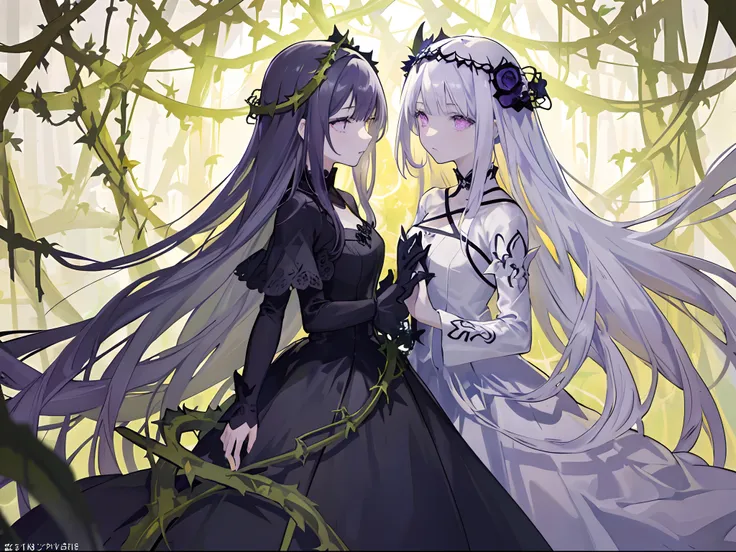 ((masterpiece:1.4, best quality))+, (ultra detailed)+,(ultra detailed eyes)+,
(cute 1girl),15 years old,(violet eyes:1.15),silver hair, very long hair,(wariza:1.2),pale skin,closed mouth,sad,
(She is dressed in a gown made of intertwining vines:1.5),(flat ...