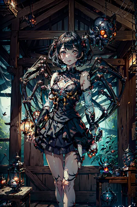 beautiful girl fused with a spider. girl in japanese style maid costume. ((female solo. 1.1)) . hiquality. dark fantasy style il...