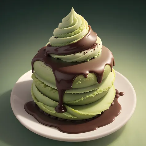 Matcha ice cream cones，Top with dark chocolate sauce，soft，Delicious， Full shot，Vibrant green background，Realistic and detailed images，Ultra-clear，HighestQuali，Food wallpapers