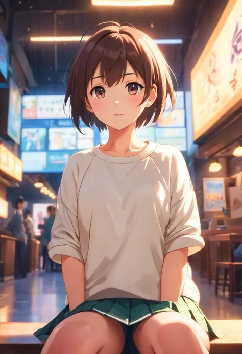 ((of the highest quality, 8K,Raw photo)), (Realistic, Photorealistic: 1.37), (Face Focus: 1.1), Small breasts, flat chest, Short hair, A Japanese Lady、20yr old、Japan idol system、(white sweatshirt: 1.1)、Skirt, Sitting, Arms up, From below, Sunlight, Movie L...