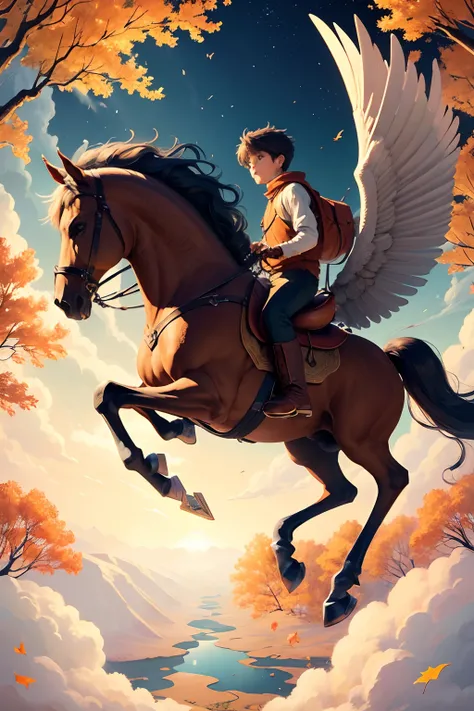 Illustration of a boy riding a pegasus, flying over the autumn forest;