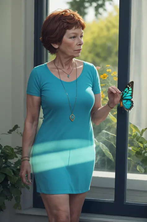 Prompt 5:
Yolande, at the age of 60, stands by a window, lost in thought, a butterfly fluttering around her. The turquoise hue of her t-shirt complements the outside world, and a phosphorescent glow effect adds depth to the scene. The butterfly, with its d...