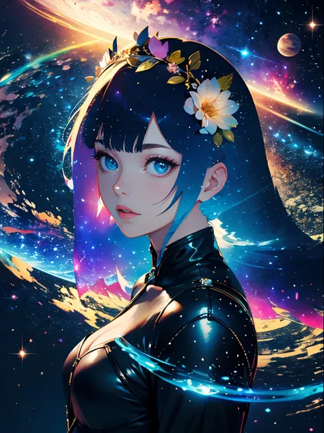 high quality, best quality, masterpiece, detailed portrait of female 1girl, long hair, (floating, space, galaxy, colorful), warm...