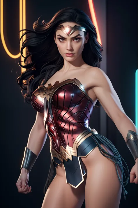 Wonder woman, Portrait photo by Altgarm, realism style, Glowing skin, Cartoon hero, Defined lips, Strong physical strength, Feminine body, Full body, viewer, (serious facial expression:1.2), Depth of field f/1.8, (((looking in camera))), Camera orientation...