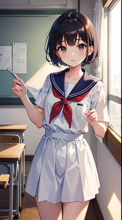 man's daughter、a sailor suit、short-haired、hime-cut、‎classroom