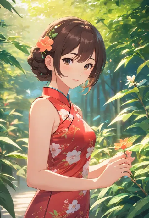 （From the outside） ， many color，Best quality at best，8K，real photograph，Delicate skin details，tmasterpiece，photograph of-realistic，Complicated details，RAW photogr,on the garden，ssmile，florals，Gorgeous cheongsam，Extra-long hair，cropped shoulders，delicated f...