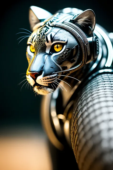 a cute panther made out of metal, (cyborg:1.1), ([tail | detailed wire]:1.3), (intricate details), hdr, (intricate details, hyperdetailed:1.2), cinematic shot, vignette, centered