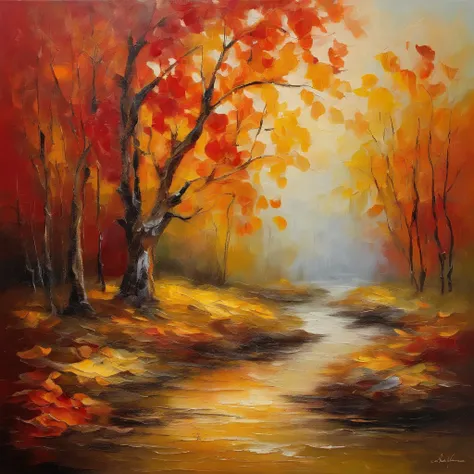 Autumn landscape,Beautiful gold leaf,Shadows fall,prime time,Soft lighting,Peaceful atmosphere,serene environment,serene gardens,Falling leaves,Gentle breeze,impressionist drawing,Rich textures,a warm color palette,Vivid red and orange,The subtle play of l...