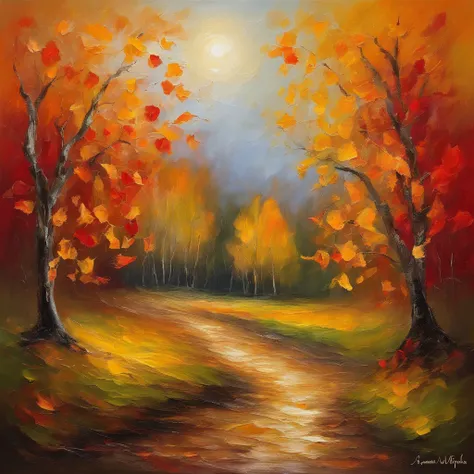 Autumn landscape,Beautiful gold leaf,Shadows fall,prime time,Soft lighting,Peaceful atmosphere,serene environment,serene gardens,Falling leaves,Gentle breeze,impressionist drawing,Rich textures,a warm color palette,Vivid red and orange,The subtle play of l...