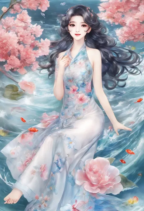 （From the outside） ， many color，Best quality at best，8K，real photograph，Delicate skin details，tmasterpiece，photograph of-realistic，Complicated details，RAW photogr,on the garden，ssmile，florals，Gorgeous cheongsam，Extra-long hair，cropped shoulders，delicated f...