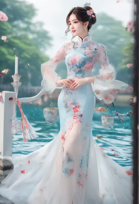 （From the outside） ， many color，Best quality at best，8K，real photograph，Delicate skin details，tmasterpiece，photograph of-realistic，Complicated details，RAW photogr,on the garden，ssmile，florals，Gorgeous cheongsam，Extra-long hair，cropped shoulders，delicated f...